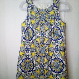 London Times Dress Women 6 Sleeveless Pattern Back Zip Yellow Blue